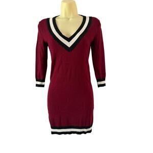 Forever 21 Maroon Sweater Dress Mini Preppy Stripe V-Neck Size Small
